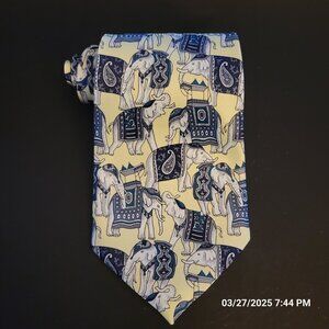 Rene Chagal Silk Tie Circus Elephants Necktie Pale Yellow Navy Handmade